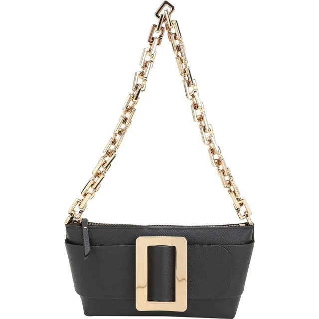 【BOYY】POUCHETTE 粒面小牛皮金方釦肩背鍊帶腋下包-黑色