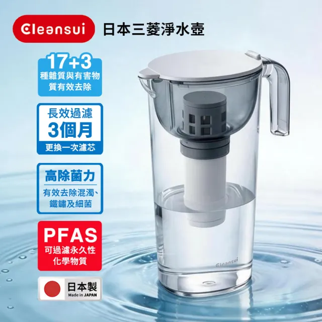 【Cleansui 可菱水】日本製-官方直營1.7L濾水壺CP503(含濾芯1)+中空絲膜濾芯2顆(共1壺3芯)