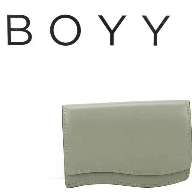 【BOYY】字母壓花小牛皮波浪形翻蓋釦式卡片夾 錢包-灰綠色