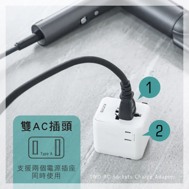 【KINYO】多合一雙插座萬國轉接頭17W(USB+TypeC MPP-3517W)
