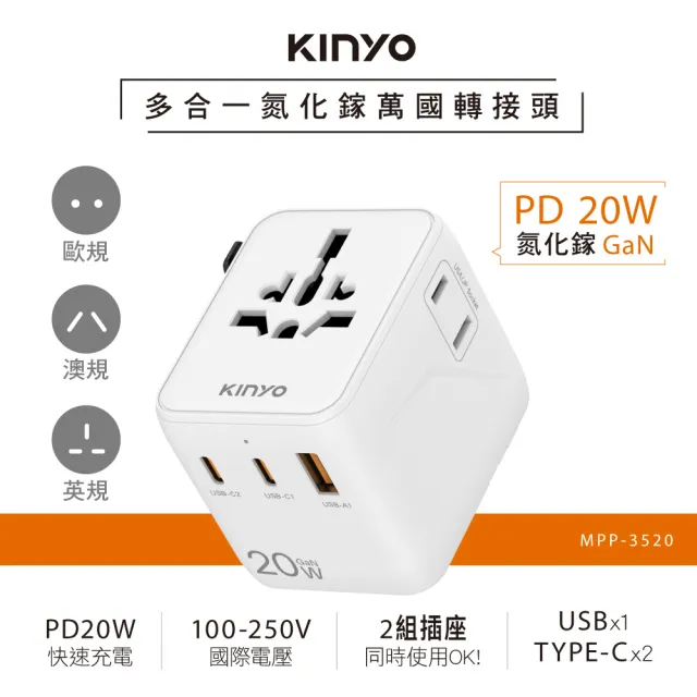【KINYO】多合一雙插座萬國轉接頭20W(USB+TypeC MPP-3520W)