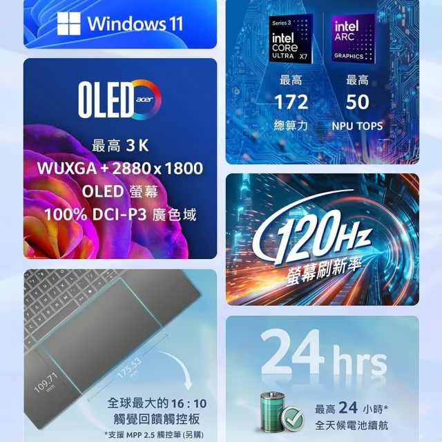 【Acer 宏碁】16吋 Copilot+PC 2.8K OLED輕薄 AI筆電-星岩灰(SF16-71T-72M7/Ultra X7-358H/32G/1TB/W11)