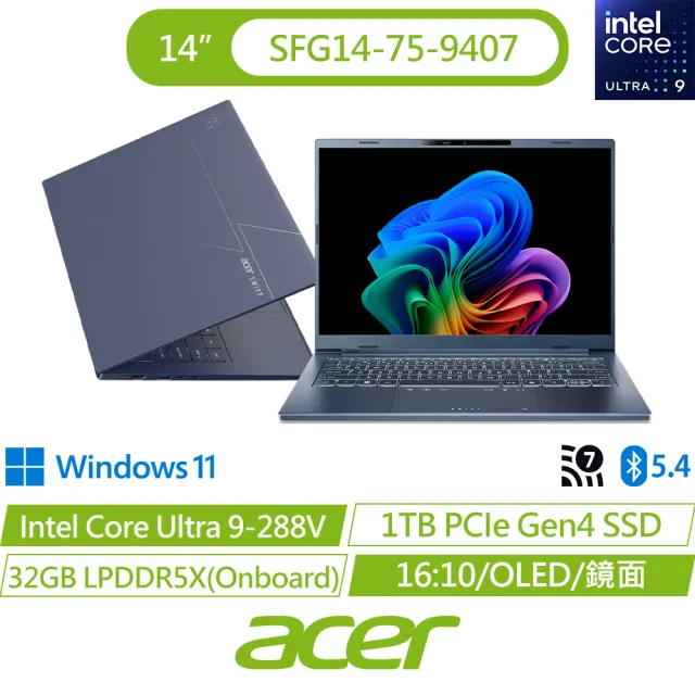 【Acer 宏碁】14吋Ultra 9 Copilot+輕薄AI筆電(Swift Go/SFG14-75-9407/Ultra 9-288V/32G/1TB/OLED/W11)