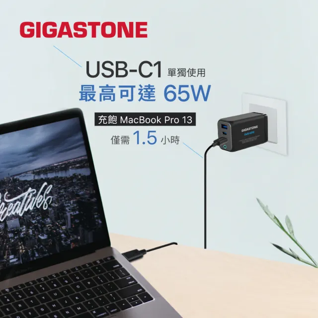 【Gigastone 立達國際】2入組 65W GaN氮化鎵三孔USB-C充電器PD-7656 (支援iPhone17/手機/平板/筆電快充)