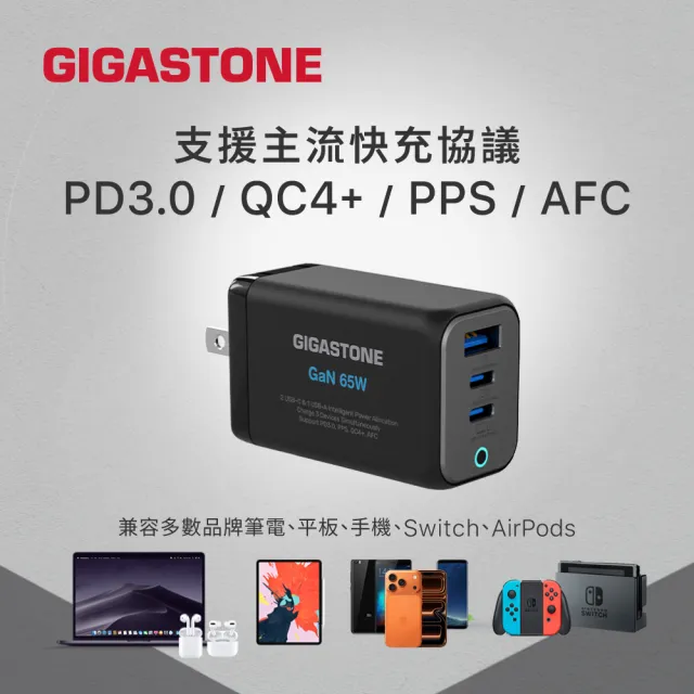 【Gigastone 立達國際】2入組 65W GaN氮化鎵三孔USB-C充電器PD-7656 (支援iPhone17/手機/平板/筆電快充)