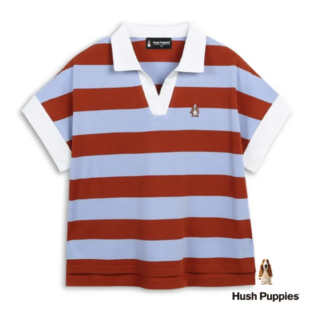 【Hush Puppies】女裝 線衫 配色條紋刺繡小狗襯衫領線衫 (橘/藍條紋 / 63213107)