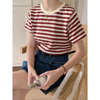CHILL 韓系小蝴蝶結撞色條紋Tee 刺繡蝴蝶結 條紋針織T 韓版 條紋上衣 撞色領 寬鬆