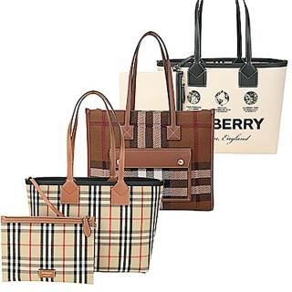 【BURBERRY 巴寶莉】Freya/London 格紋拼小牛皮托特包-3款可選