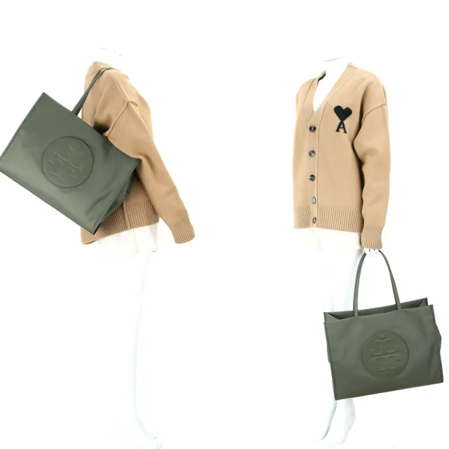 【TORY BURCH】Ella 大款 皮革盾牌前袋 尼龍肩背托特包-軍綠