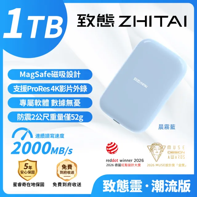【ZHITAI 致態】1TB 致態靈·潮流版SPIRIT NEO 外接SSD 讀2000 Type-C Type-A MagSafe磁吸(五年保)