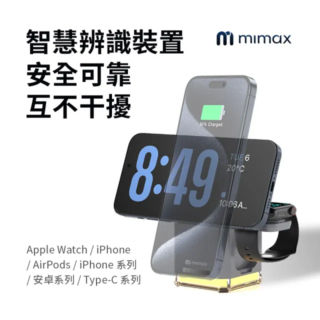【mimax 米覓】Y030 三合一智慧無線充電器(iPhone/Airpods/Apple Watch 桌上型 充電盤 Magsafe)