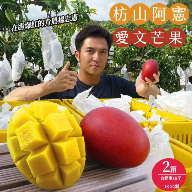 【初品果】屏東青農楊忠憲-枋山阿憲愛文芒果18-24顆x2箱(6/15開始陸續出貨_含箱重_山頂上的愛文芒果 禮盒)