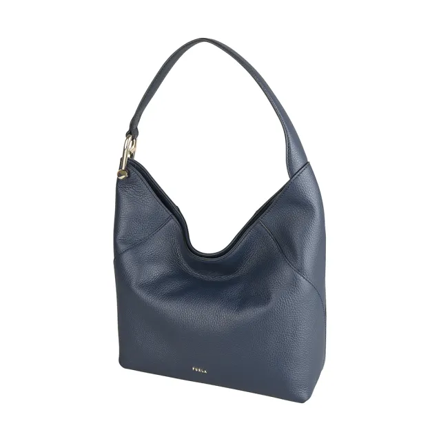 【FURLA 芙拉】FURLA Lara電鍍金字LOGO小牛皮磁釦式肩背包(中/地中海藍)