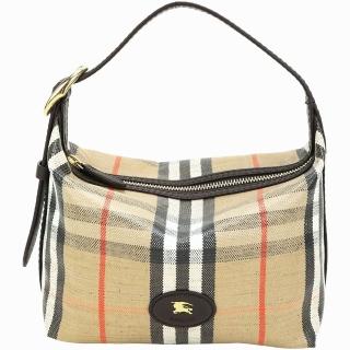 【BURBERRY 巴寶莉】Highlands 棉麻混紡格紋帆布迷你單肩包 旅行包-沙色