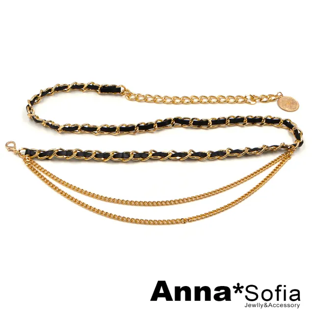 【AnnaSofia】波希米亞腰鍊腰帶-皮革繞鍊帶 多層次鍊(金系)