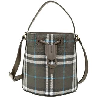 【BURBERRY 巴寶莉】TB 格紋塗層帆布手提/斜背水桶包-迷你 深綠