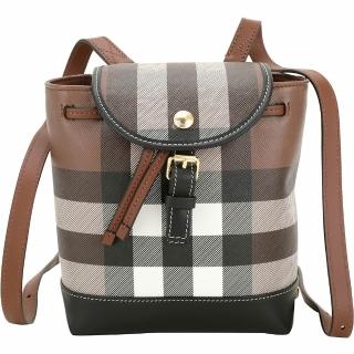 【BURBERRY 巴寶莉】Micro 格紋塗層帆布拼牛皮後背包-暗樺木棕