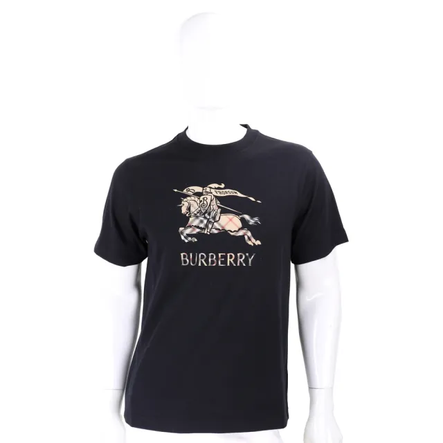 【BURBERRY 巴寶莉】漸層格紋戰馬騎士印花棉質黑色短袖TEE T恤-男女可穿