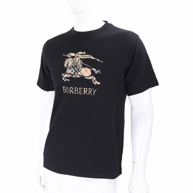 【BURBERRY 巴寶莉】漸層格紋戰馬騎士印花棉質黑色短袖TEE T恤-男女可穿