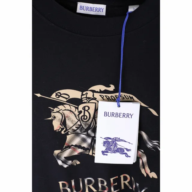 【BURBERRY 巴寶莉】漸層格紋戰馬騎士印花棉質黑色短袖TEE T恤-男女可穿