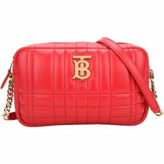 【BURBERRY 巴寶莉】Lola 小款 TB字母絎縫羔羊皮鍊帶相機包-紅色