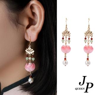 【Jpqueen】琉璃金蓮花漸色珍珠串珠長垂墜耳環(金色)