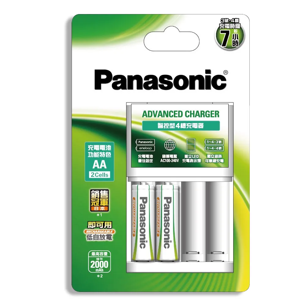 【Panasonic 國際牌】綠卡智控型電池充電組-充電器+3號2000mAh2顆(K-KJ173MVT2TW)