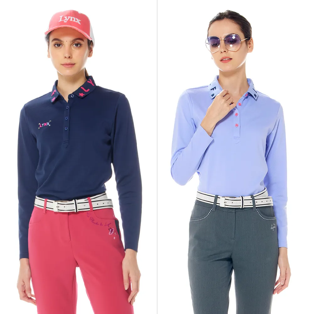 【Lynx Golf】女款吸排抗UV小菱格紋布料造型緹花領長袖POLO衫/高爾夫球衫(二色)