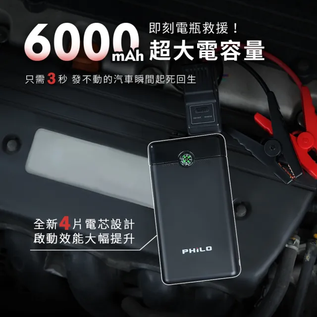 【Philo 飛樂】PM50 超輕巧 6000mAh 救車啟動電源 (比手機小/300g) 汽機車通用/汽車電霸/緊急啟動電源