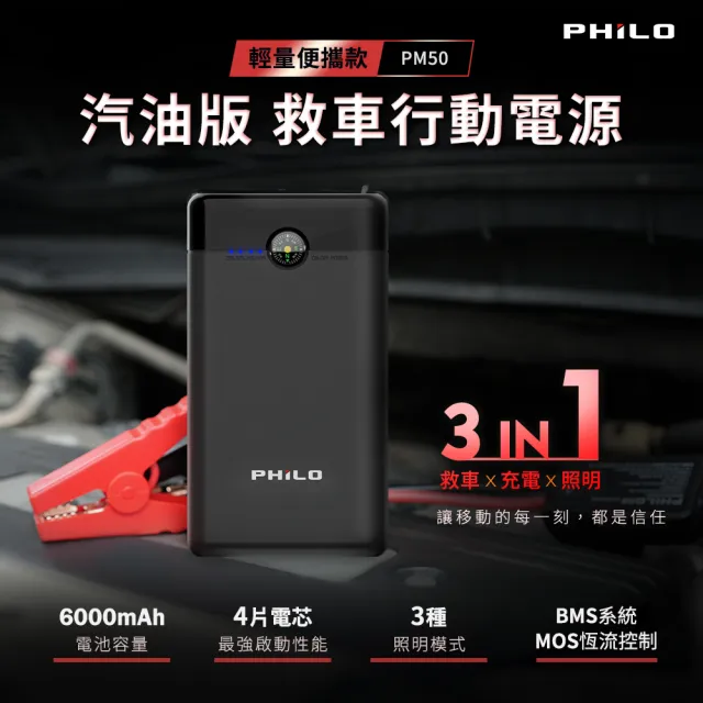 【Philo 飛樂】2入組 6000mAh 汽機車 救車行動電源 PM50(汽車電瓶/救車電源/汽車接電/啟動電源/行動救援)