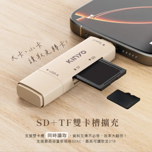 【KINYO】USB 3.2 Gen1 雙頭雙槽高速讀卡機 SD卡/TF卡/手機讀卡/行車紀錄器(KCR-220)