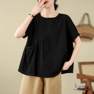 【YOUNGBABY】日系棉麻不規則拼接傘擺上衣中大尺碼女裝