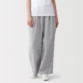 【MUJI 無印良品】女亞麻水洗舒適寬版褲(墨灰/黑色/原色/煙燻綠/煙燻藍/柔白直紋/灰直紋)