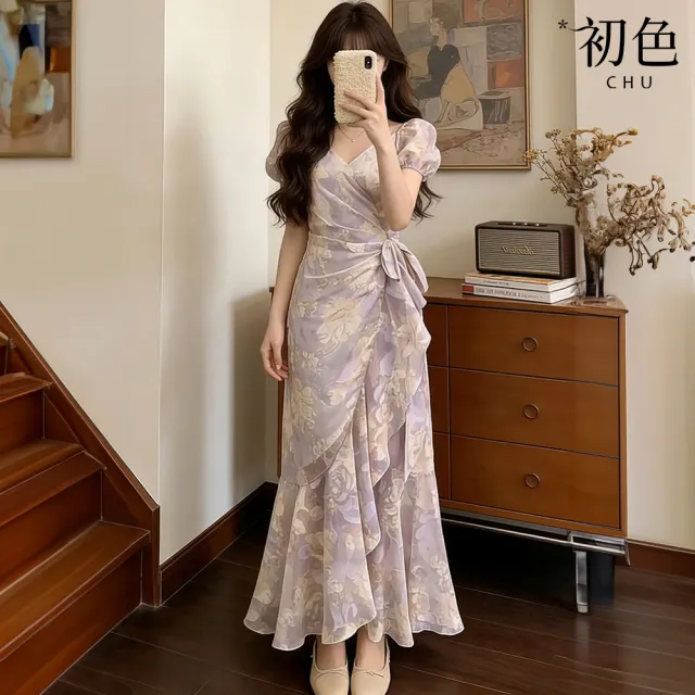 【初色】法式V領泡泡短袖收腰系帶碎花魚尾包臀裙中長裙連衣裙連身洋裝-花色-51074(M-XL可選)