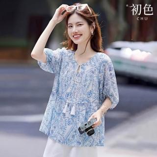 【初色】度假風圓領流蘇綁繩五分燈籠袖寬鬆圖騰印花雪紡上衣女上衣-淺藍色-51027(M-2XL可選)