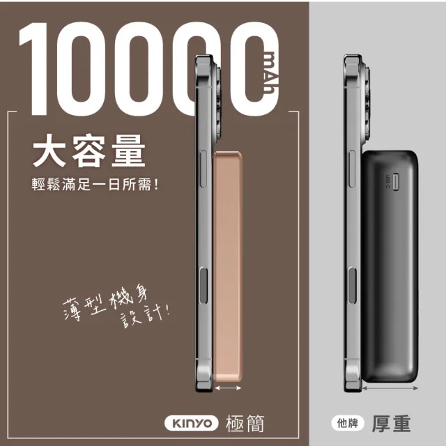 【KINYO】WH標示 10000mAh固態防爆 磁吸薄型行動電源 Type-C/蘋果 (KPB-2321)