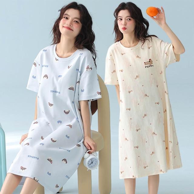 【Kosmiya】1件 固定胸墊 純棉 輕甜日長袖睡裙/女睡衣/居家服/連身洋裝/洋裝(3色/均碼/加大碼)