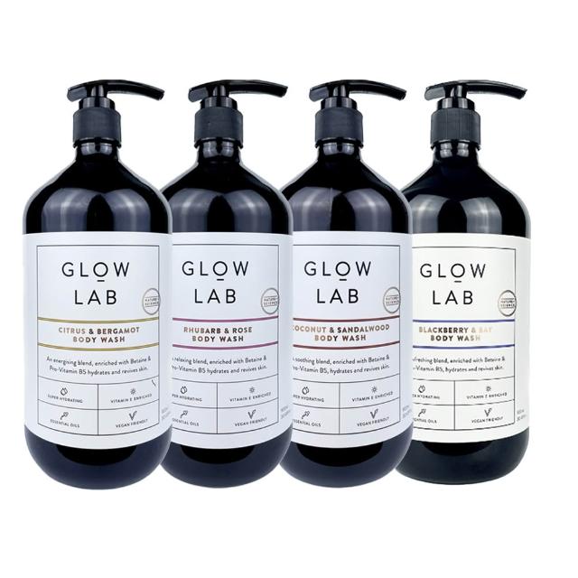 即期品紐西蘭GLOW LAB植物精油沐浴露900mlx1(大黃玫瑰/椰子檀香/佛手柑橘/黑莓月桂葉)
