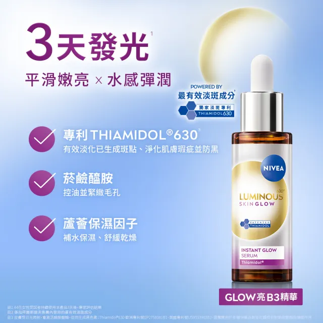 【NIVEA 妮維雅】630 GLOW亮B3精華30ml+果酸煥膚水100mlx2入(提安明多630/美白)