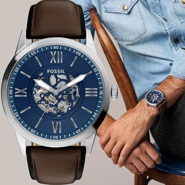 【FOSSIL】Flynn 時尚機械花紋面盤大錶徑石英手錶-藍x咖啡/48mm 送禮 禮物 推薦(BQM7128)