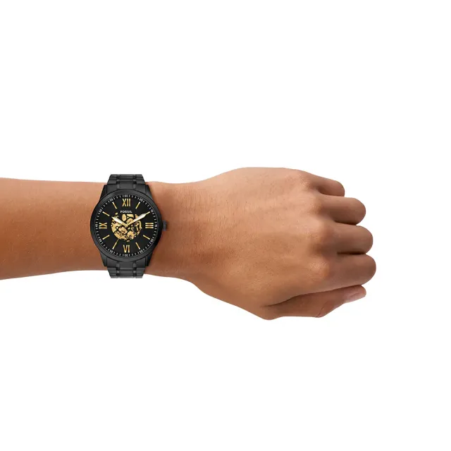 【FOSSIL】Flynn 時尚機械花紋面盤大錶徑石英手錶-金x黑/48mm 送禮 禮物 推薦(BQM7130)