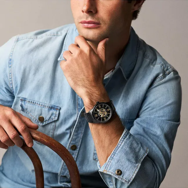 【FOSSIL】Flynn 時尚機械花紋面盤大錶徑石英手錶-金x黑/48mm 送禮 禮物 推薦(BQM7130)