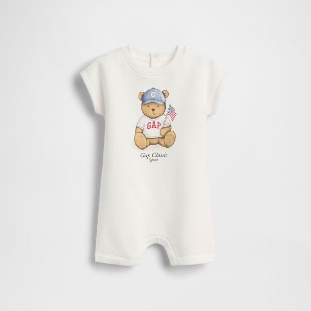 【GAP】嬰兒VintageSoft布萊納小熊短褲型連身衣-米白(898621)