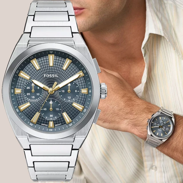 【FOSSIL】Everett 時尚三眼計時手錶-銀x灰藍/44mm 618年中慶 推薦(FS6154)