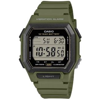 【CASIO 卡西歐】大視窗震動鬧鈴運動電子錶-軍綠 / W-738H-3A 台灣公司貨