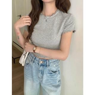 CHILL 韓系木耳邊短版Tee 捲邊合身 顯瘦上衣 微辣短版T 素色百搭 短袖T恤