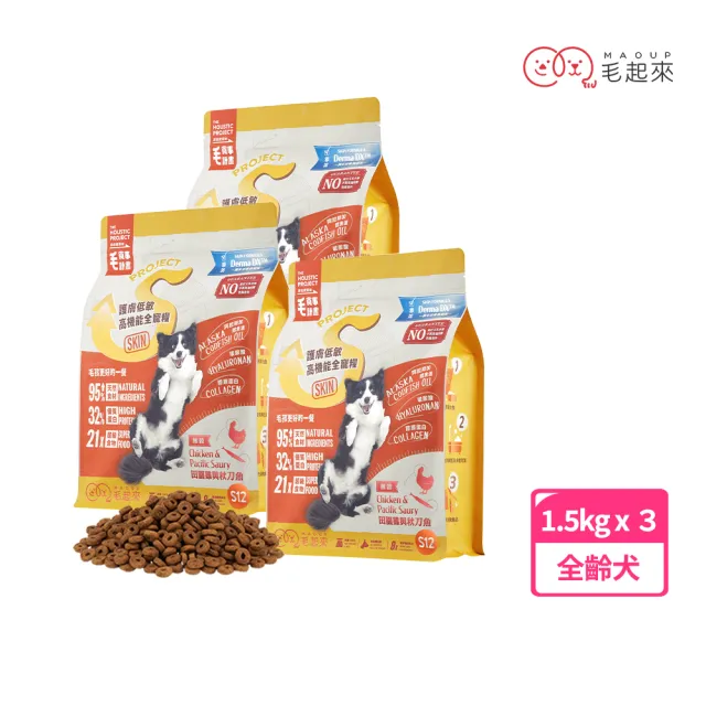 【MAOUP 毛起來】護膚無穀犬糧 S12田園雞與秋刀魚 1.5kg 3件組(狗飼料 狗乾糧主食 低敏飼料)