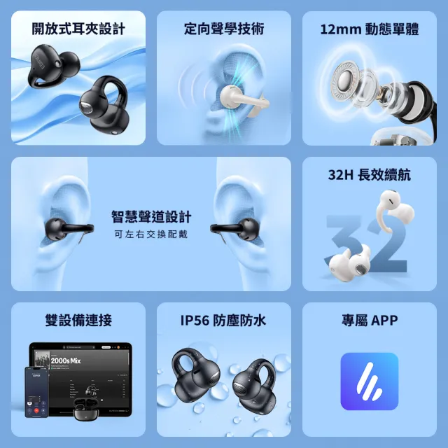 【EDIFIER】Comfo Q 開放式耳夾藍牙耳機(IP56 防塵防水/專屬APP/定向聲學降低漏音/全天候舒適配戴)