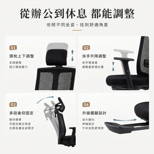 【C-FLY】菲爾人體工學電腦網椅｜可調頭枕｜升降扶手｜可躺135°｜附腳托（辦公椅/主管椅/電腦椅）