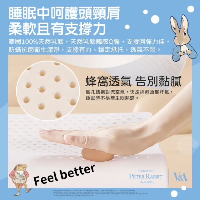 【PETER RABBIT 比得兔】60支天絲護頸乳膠成人枕1入-任選(乳膠枕/工學枕/枕頭/比得兔與V&A博物館)